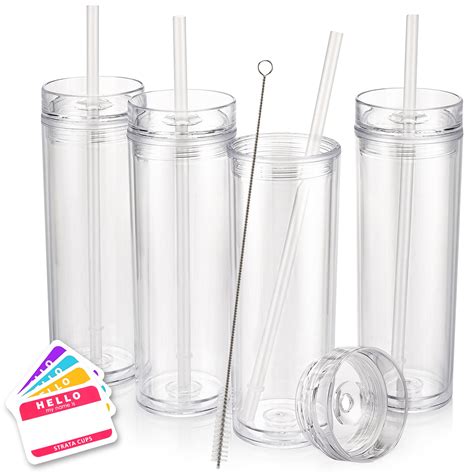 Buy STRATA CUPS Skinny TUMBLERS 4 Clear Acrylic Tumblers with Lids and ...