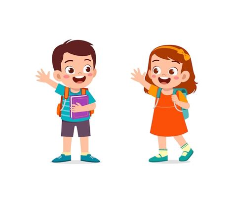 Premium Vector | Little kid say hello to friend and go to school together