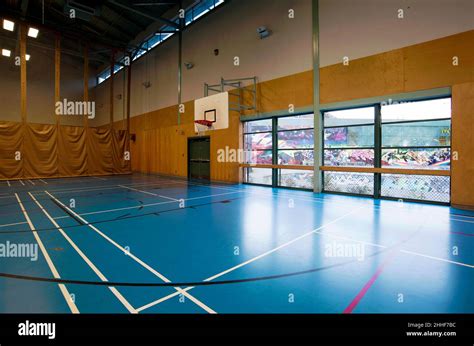 Spacious gymnasium with a basketball court floor markings, light and ...