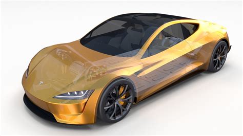 3D Tesla Roadster 2020 Yellow with interior and chassis