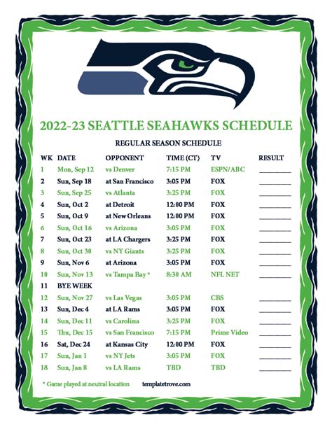 Printable 2022-2023 Seattle Seahawks Schedule