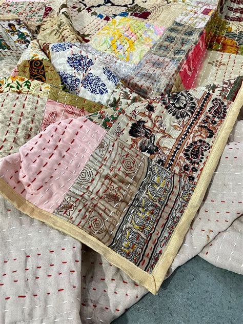 Beige Indian Silk Patchwork Kantha Bedspread Handmade Pure - Etsy