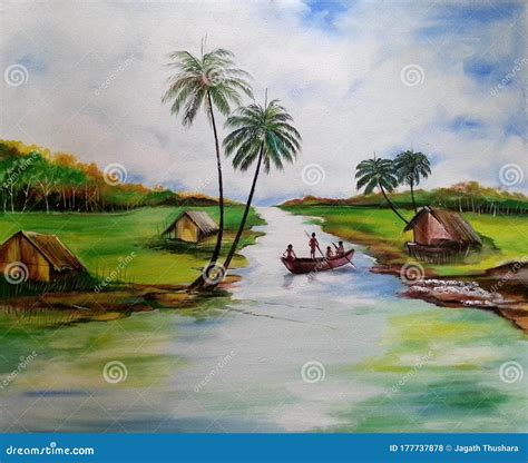 Village Scenery In Landscape Acrylic Painting Royalty-Free Stock Image ...