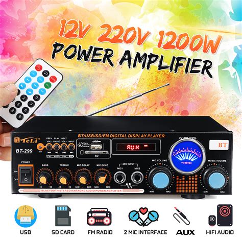 1200W 2 Channel Power Amplifier Remote Control Audio Stereo Bluetooth ...