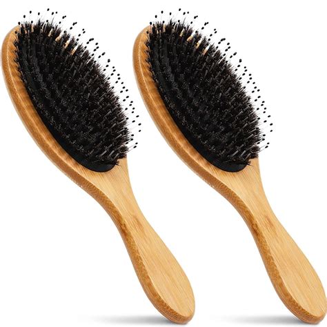 2-Pack Boar Bristle Hair Brush with Nylon Tip, Oval Comb with Bamboo ...