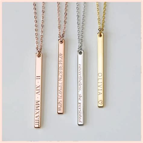 Custom Personalized Vertical bar silver Necklace Engraved Date Name ...