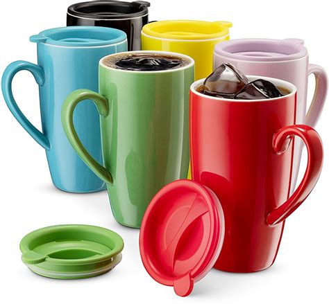 MITBAK 6-Pack Ceramic Coffee Mug Set with Lids (16-Ounce) | Large ...