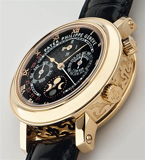 Patek Philippe Sky Moon Tourbillon Gold Black Leather Strap watch ...