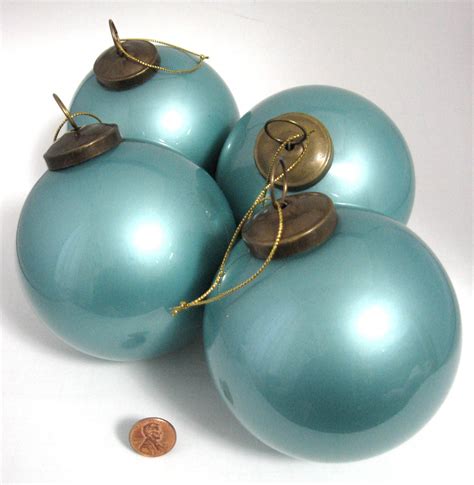 Pottery Barn Pearlized Aqua Blue Christmas Tree Ornaments 4 Large Glass ...