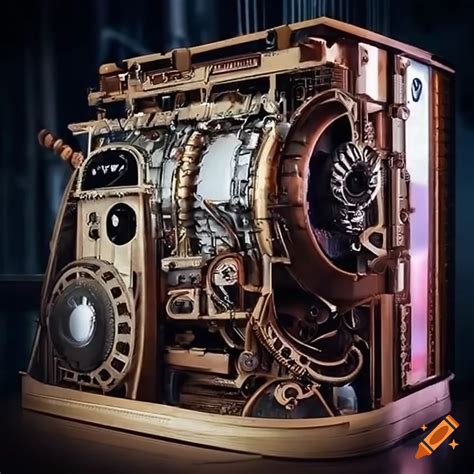 A steampunk style pc case that looks like a jet engine on Craiyon