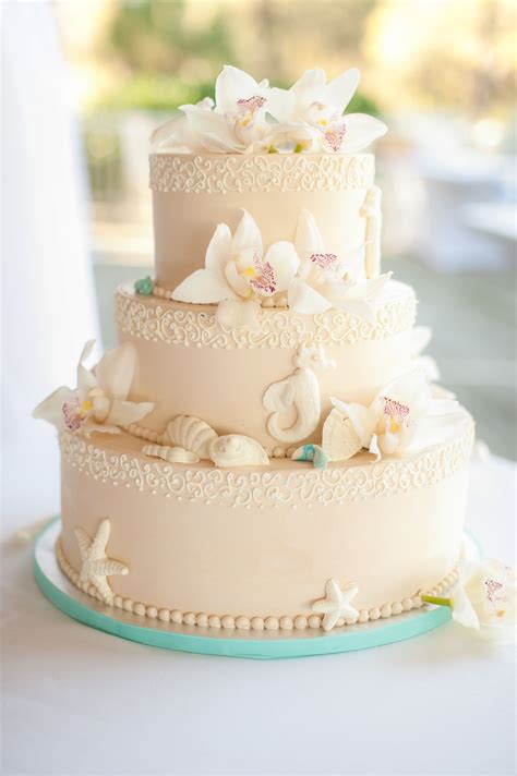 Beach Themed Wedding Cake with Seashells and Seahorses