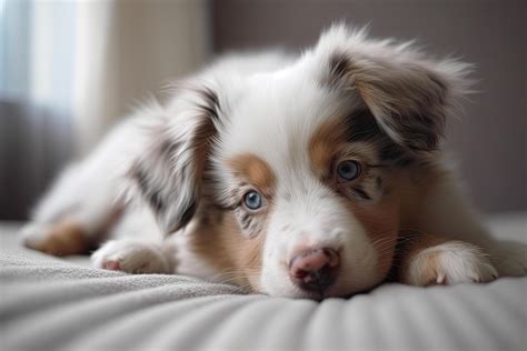 Australian shepherd puppy with blue eyes lying on a bed at home ...