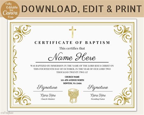 Editable Certificate of Baptism Template, Baptism Certificate, Canva ...