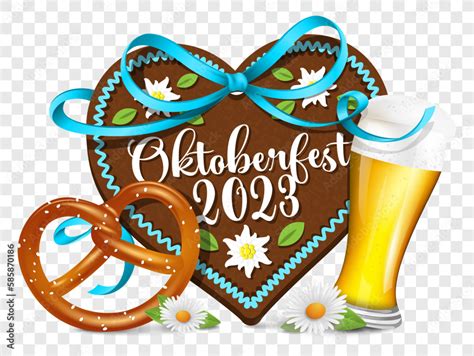 Oktoberfest 2023 gingerbread heart with beer glass and pretzel. Vector ...