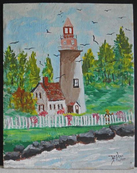 Vintage Folk Art Painting Child Feeds Gulls Maine Lighthouse Rocky ...