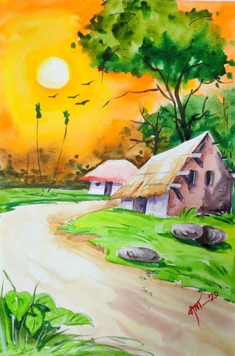 Village Scenery Sunset Watercolor Drawing Scenery Easy / Watercolor ...