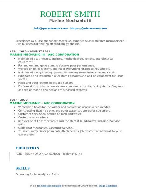 Marine Mechanic Resume Samples | QwikResume