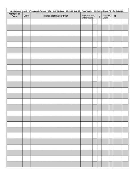 Checkbook Balance Sheet Printable