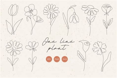 One line flowers clipart, Abstract flowers elements