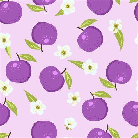 Seamless violet summer plum pattern with fruits, leaves, white flowers ...