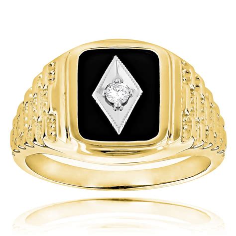 Black Onyx and Diamond Rings 14K Gold Mens Ring 0.10ct 9/16 in (15mm ...