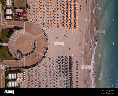 Italy, June 2022; aerial view of Fano with its sea, beaches, port ...