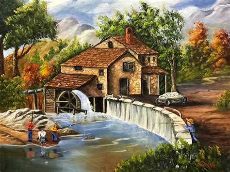 Water Mill Oil Painting, Old Water Mill Painting, Hand Painted Water ...