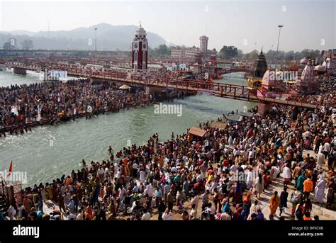 Ganges river, thousands of Hindu pilgrims gathering during the Kumbh ...