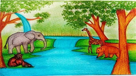 How To Draw Forest Scenery with Animals - Forest Scenery Drawing ...