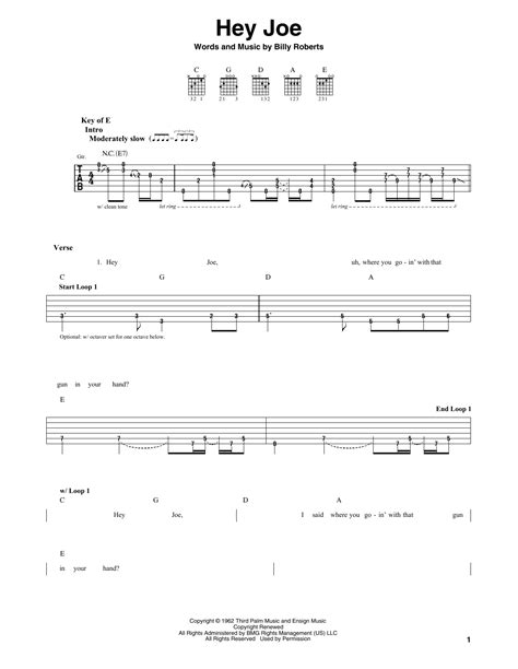 Hey Joe by Jimi Hendrix - Guitar Lead Sheet - Guitar Instructor