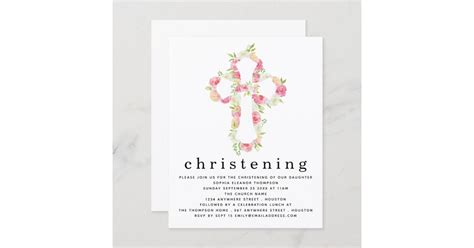 Budget Pink Florals Cross Christening Invitation | Zazzle