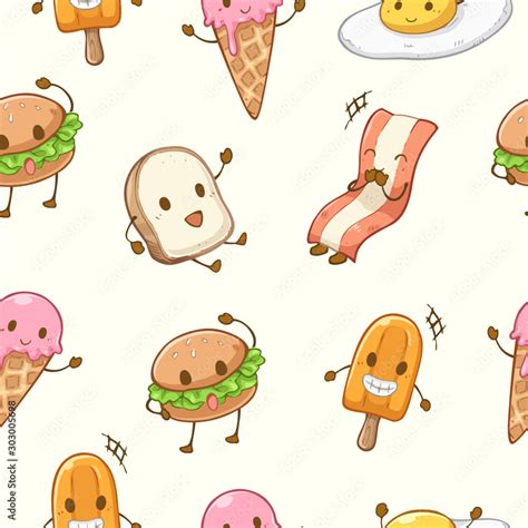 Seamless pattern cute kawaii food character cartoon set, ice cream ...