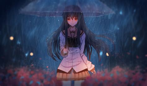 Download 1024x600 wallpaper anime girl in rain, with umbrella, art ...