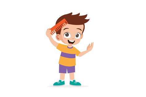 Cute little boy brush his hair with hair comb vector illustration ...