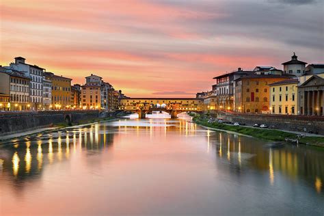 Cityscape at Ponte Vecchio over Arno River at Sunset, Florence, Tuscany ...