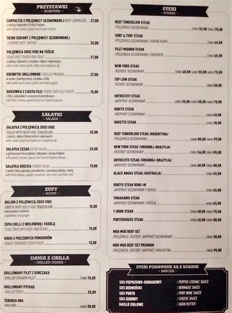 Menu at Moo Moo steakhouse, Kraków