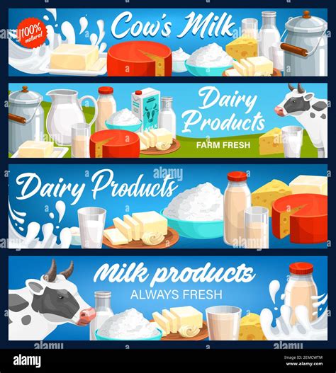 Dairy and milk products banners, farm cheese, butter and yogurt food ...