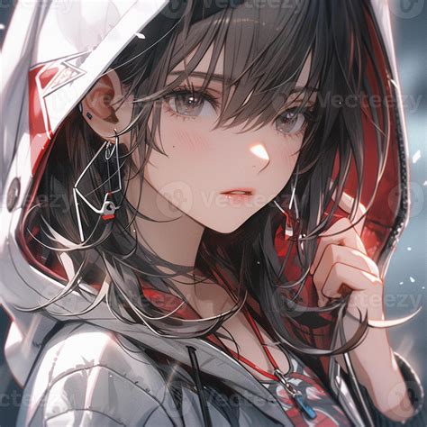 anime girl with hoodie and earphones holding a cell phone. generative ...