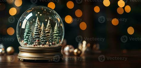 Christmas Snow Globe with Pine Trees and Cabin on a Wood Surface Banner ...