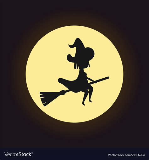 Witch silhouette flying on broom on night moon Vector Image