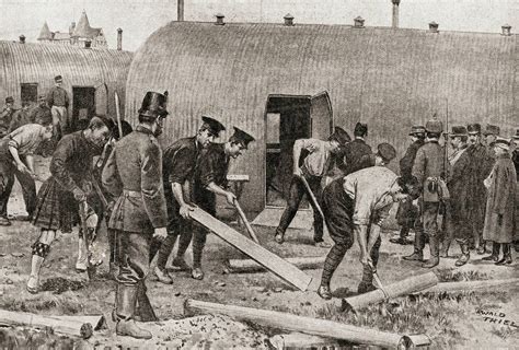 English and French prisoners working in a prisoner of war camp in ...