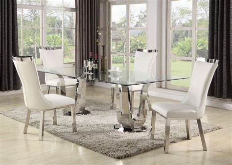 Contemporary Dining Set w/ Rectangular Glass Table & 4 White Chairs ...