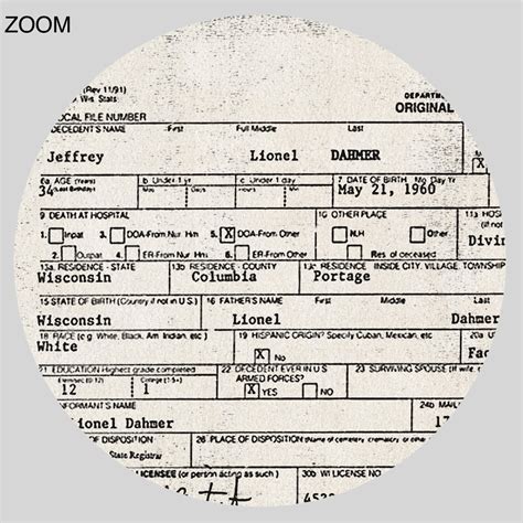 Printable Jeffrey Dahmer death certificate, serial killer print, poster