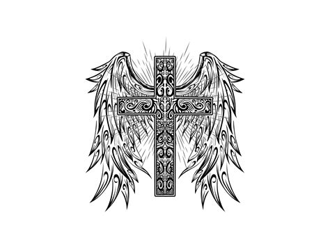 Holy cross tattoo with angel wings free black and white vector 7718561 ...