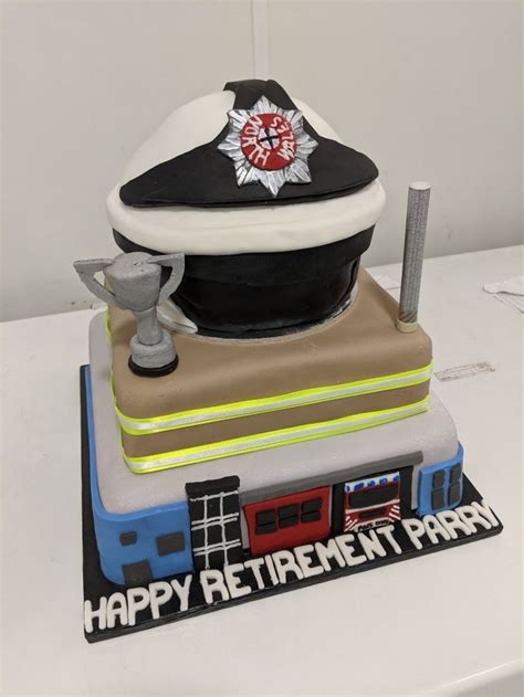 3 tier firefighter retirement cake. Top tier firefighter helmet, middle ...