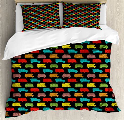 Camper Queen Size Duvet Cover Set, Colorful Van and Trailer on Dark ...