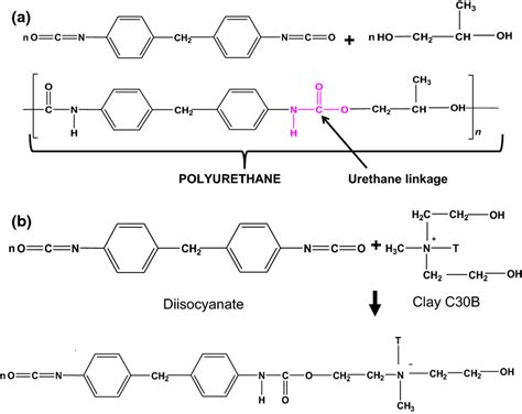 Schematic reaction of a diisocyanate with polyol and b diisocyanate ...