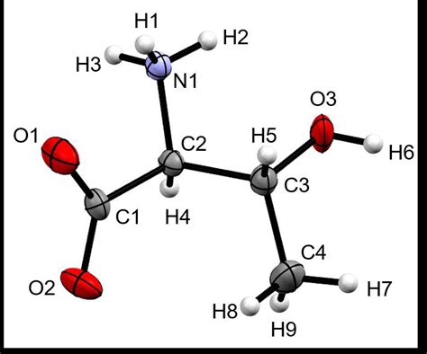 Molecular structure of L-threonine at ambient conditions showing the ...