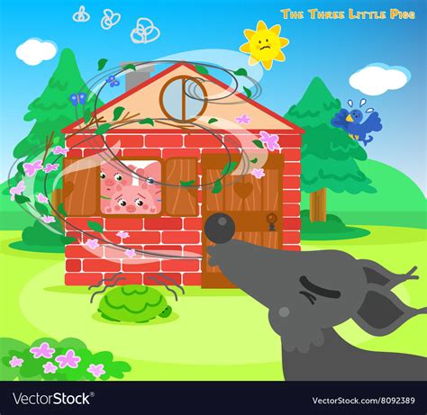 Three little pigs and blowing wolf Royalty Free Vector Image