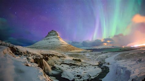 ダウンロード壁紙 1920x1080 ノーザンライト、星、空、夜、Kirkjufell山、アイスランド フルHD HDのデスクトップの背景